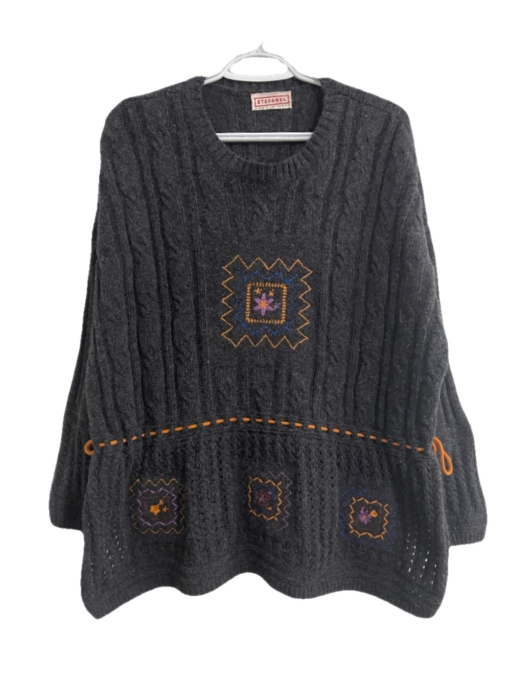 Stefanel Dark Charcoal Cable-Knit Sweater with Orange & Purple Embroidery